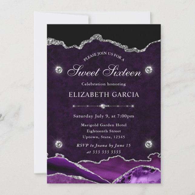 Purple and Silver Glitter Agate Sweet 16 Invitation (Front)