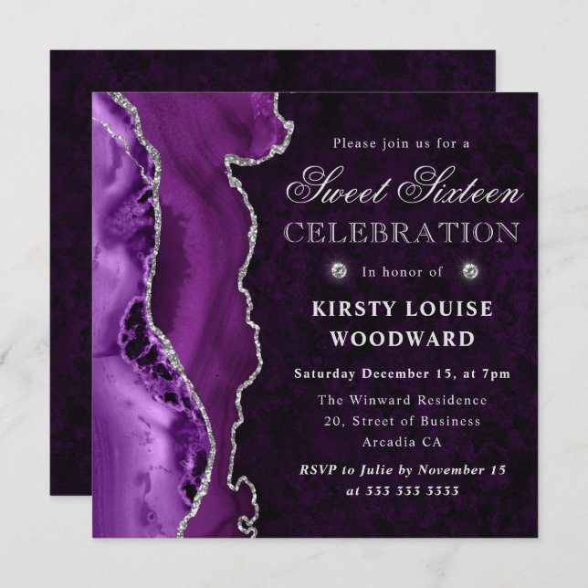 Purple and Silver Glitter Agate Sweet Sixteen Invitation (Front/Back)