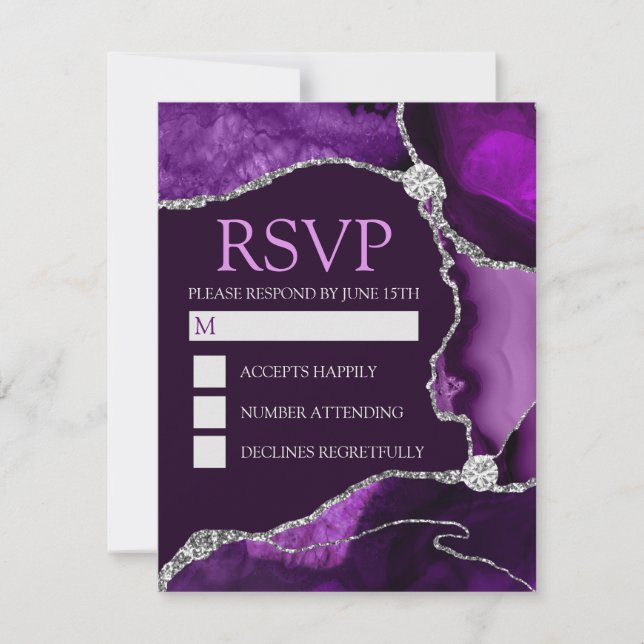 Purple and Silver Glitter Agate Sweet Sixteen RSVP Card (Front)