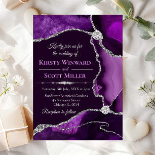 Purple and Silver Glitter Agate Wedding Invitation