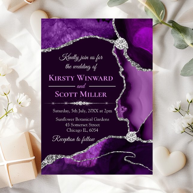 Purple and Silver Glitter Agate Wedding Invitation (Creator Uploaded)