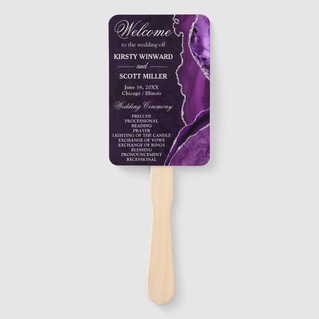 Purple and Silver Glitter Agate Wedding Program Hand Fan (Front)