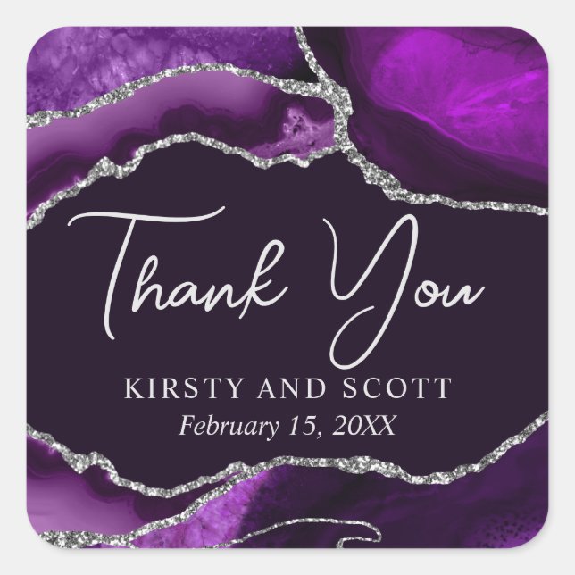 Purple and Silver Glitter Agate Wedding Square Sticker (Front)