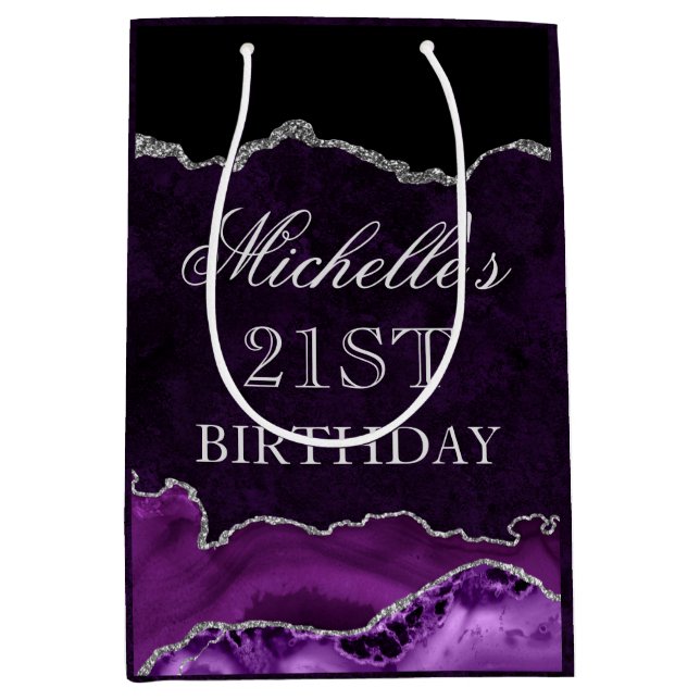 Purple and Silver Glitter Marble Agate Birthday Medium Gift Bag (Front)