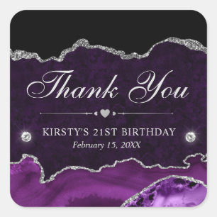 Purple and Silver Glitter Marble Agate Birthday Square Sticker