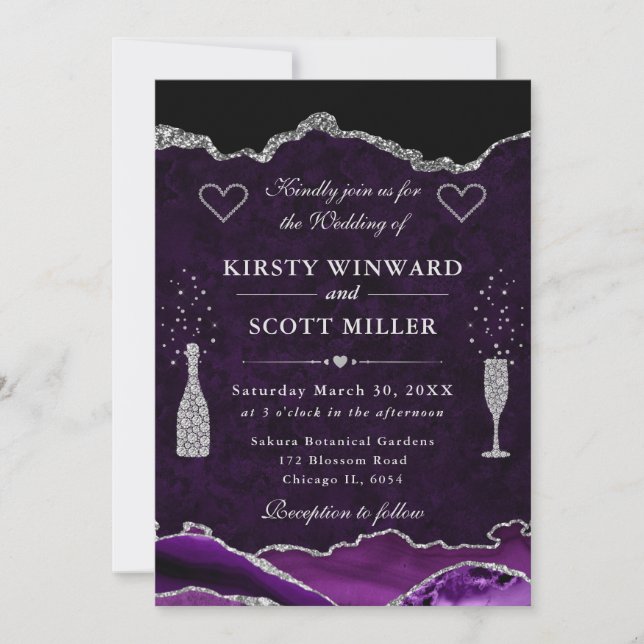 Purple and Silver Glitter Marble Agate Wedding Invitation (Front)