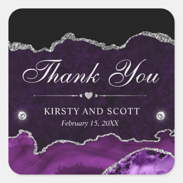 Purple and Silver Glitter Marble Agate Wedding Square Sticker (Front)