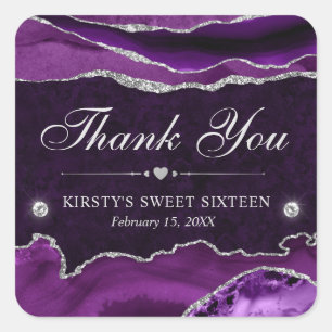 Purple and Silver Glitter Marble Sweet Sixteen Square Sticker