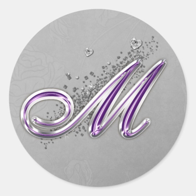 Purple and Silver Glitter Monogram M Sticker (Front)