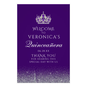 Purple and Silver Glitter Quinceanera Welcome Sign