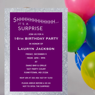 Purple and Silver Glitter Surprise Party Birthday Invitation