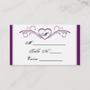 Purple and Silver Heart Scroll Monogram Place Card