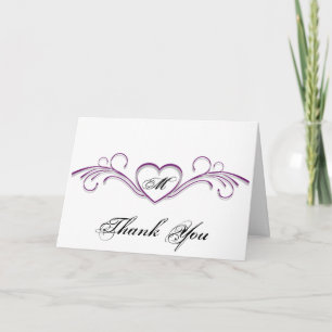 Purple and Silver Heart Scroll Monogram Thank You Card