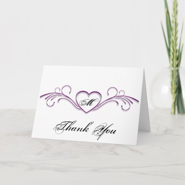 Purple and Silver Heart Scroll Monogram Thank You Card (Front)