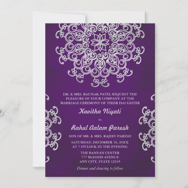 PURPLE AND SILVER INDIAN STYLE WEDDING INVITATION (Front)