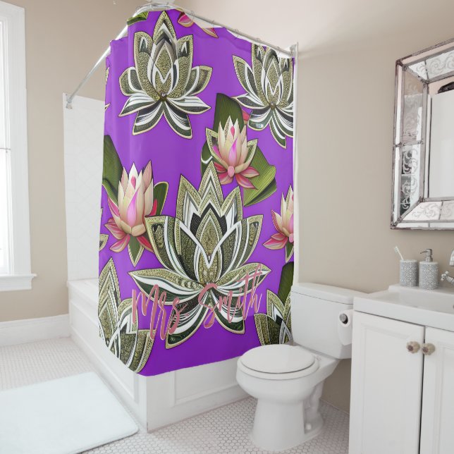 Purple and Silver Lotus Print, Custom Name Shower Curtain (In Situ)