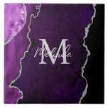 Purple and Silver Marble Agate Ceramic Tile<br><div class="desc">This tile features an elegant and glamourous agate marble background with geode gemstone detailing and faux silver glitter accents. The monogram combines handwritten script and modern sans serif fonts for a classy and sophisticated look. This will make the ideal gift as it can be customised with a name and initial....</div>