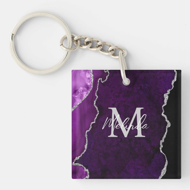 Purple and Silver Marble Agate Key Ring (Front)