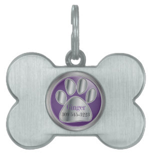 Purple and Silver Paw Print   Personalise Pet Tag