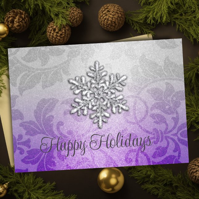 Purple and Silver Shimmer Damask Holiday Card (Creator Uploaded)