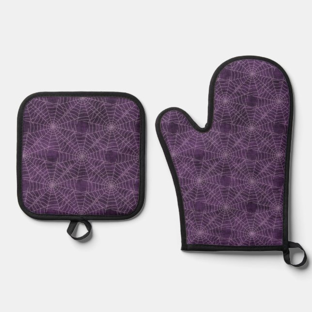 Purple and Silver Spiderweb Gothic Pattern Oven Mitt & Pot Holder Set (Front)