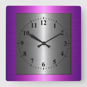 Purple and Silver Stainless Steel Metal Square Wall Clock