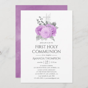 Purple and Silver Vintage Rose Holy Communion Invitation