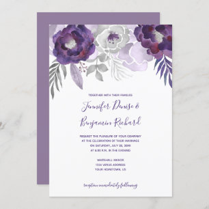 Purple and Silver Watercolor Floral Wedding Invitation