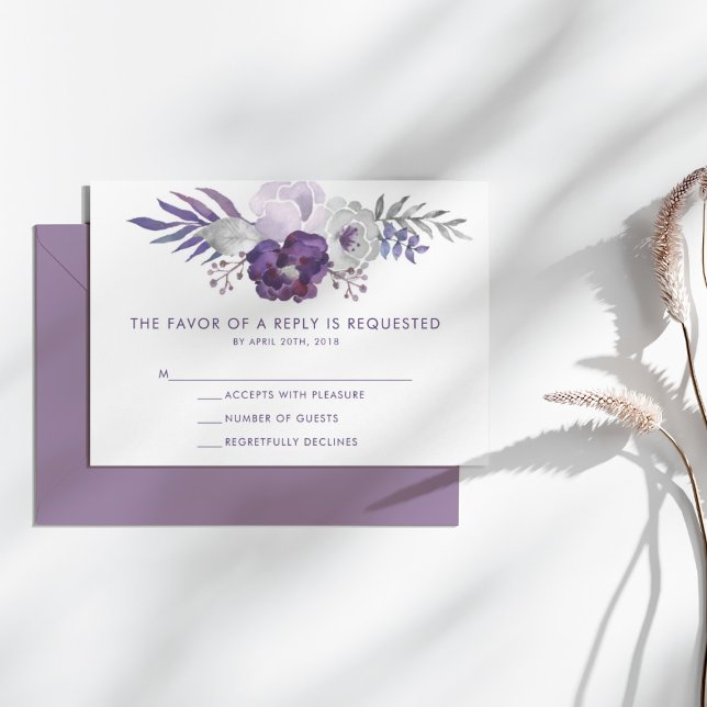Purple and Silver Watercolor Floral Wedding RSVP Card (Purple and Silver Watercolor Floral Wedding RSVP)