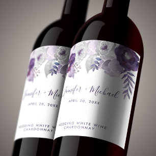 Purple and Silver Watercolor Floral Wedding Wine Label