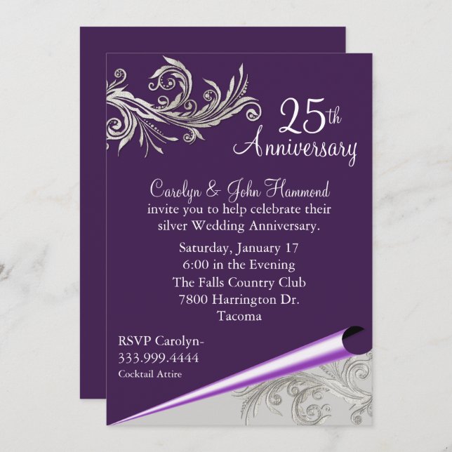 Purple and Silver Wedding Anniversary Invitation (Front/Back)