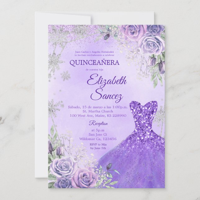 Purple and Silver Winter Quinceanera Invitation (Front)