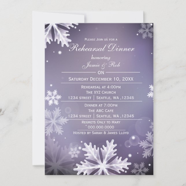Purple and Silver Winter Rehearsal Dinner invite (Front)