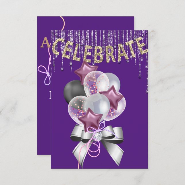 Purple and Silver  with Balloons girl Party Invitation (Front/Back)
