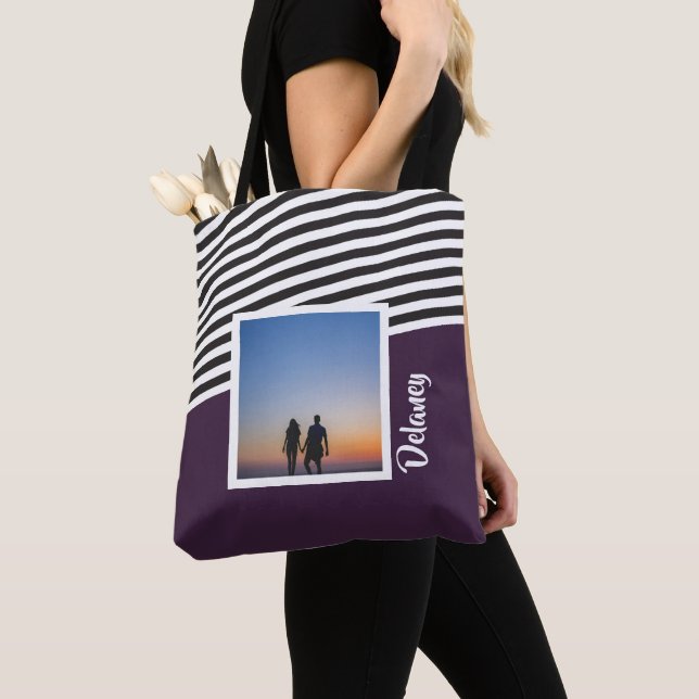 Purple and Striped Pattern Personalised Photo Tote Bag (Close Up)