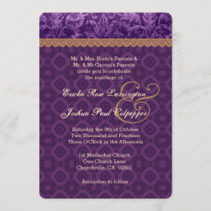 Purple and Tan Damask Wedding V16 Invitation