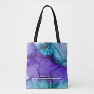 Purple and Teal Alcohol Ink Liquid Abstract Art Tote Bag