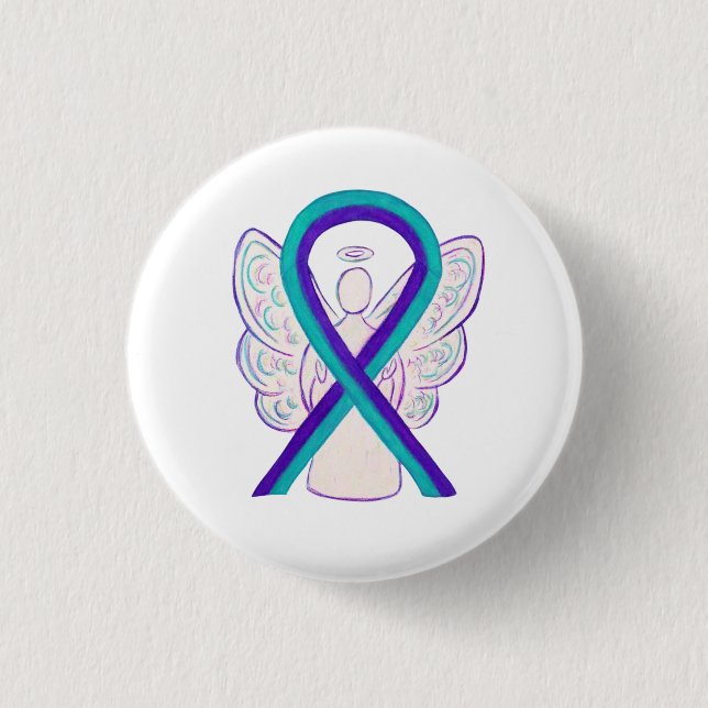Purple and Teal Awareness Ribbon Angel Button Pin (Front)