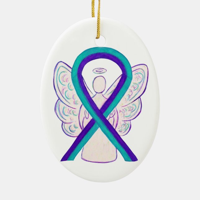 Purple and Teal Awareness Ribbon Angel Ornament (Back)