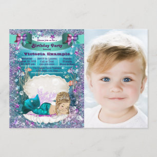 Purple and Teal Blonde Mermaid Birthday Party Invitation