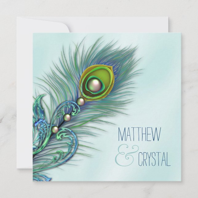 Purple and Teal Blue Peacock Wedding Invitation (Front)