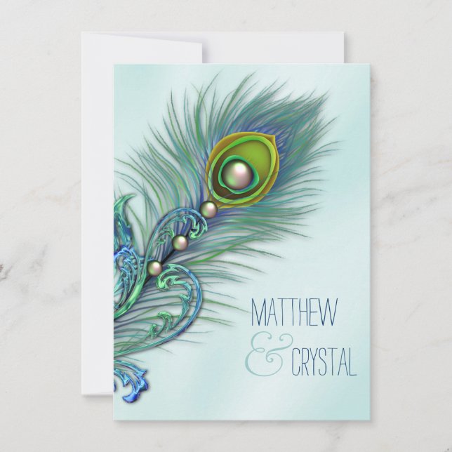 Purple and Teal Blue Peacock Wedding Invitation (Front)