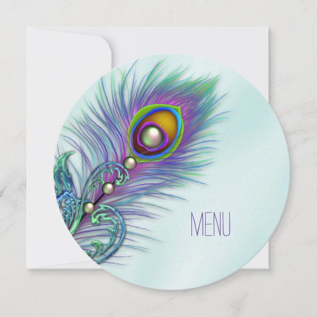 Purple and Teal Blue Peacock Wedding Menu Invitation (Front)