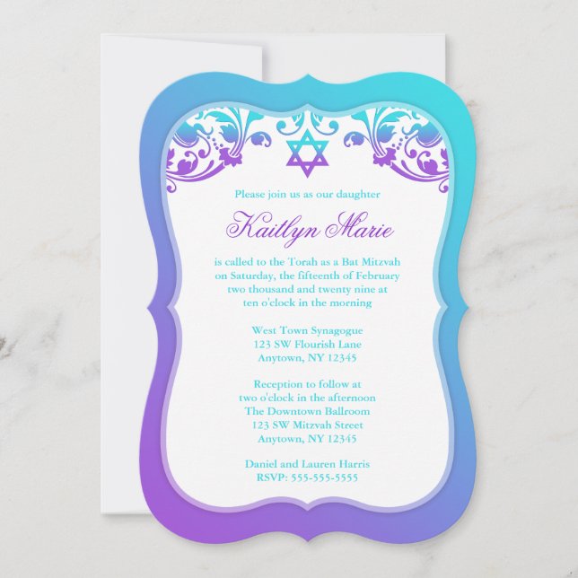Purple and Teal Blue Swirls Bat Mitzvah Invitation (Front)