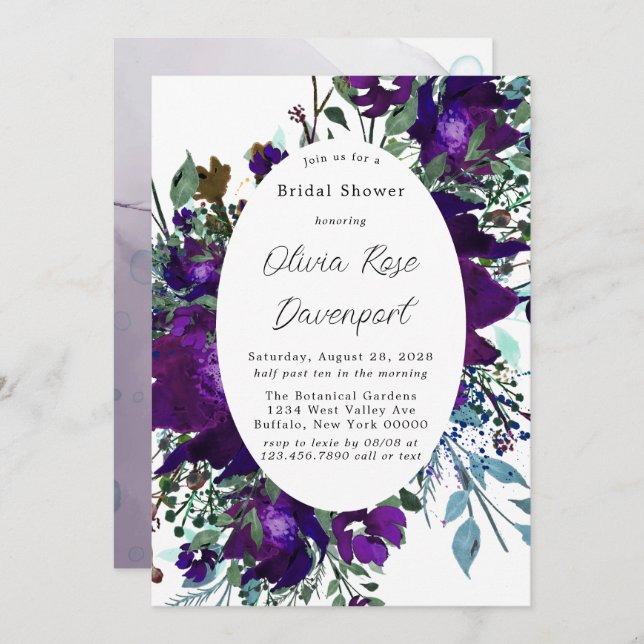 Purple and Teal Botanical Floral Bridal Shower Invitation (Front/Back)