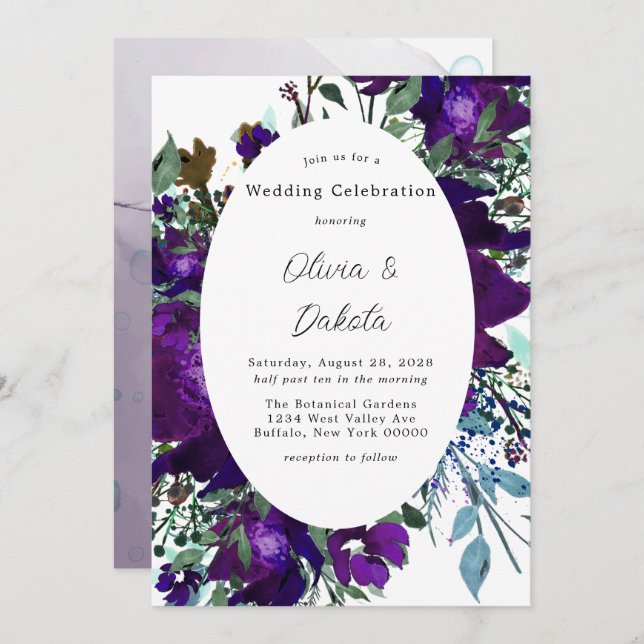 Purple and Teal Botanical Floral Wedding Invitation (Front/Back)