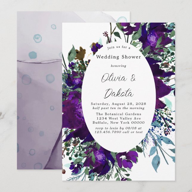 Purple and Teal Botanical Floral Wedding Shower Invitation (Front/Back)