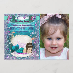 Purple and Teal Brunette Mermaid Birthday Party Invitation