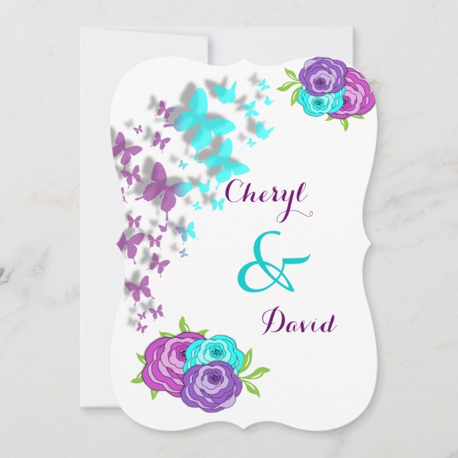 Purple and Teal Butterflies and Whimsical Flowers Invitation (Front)
