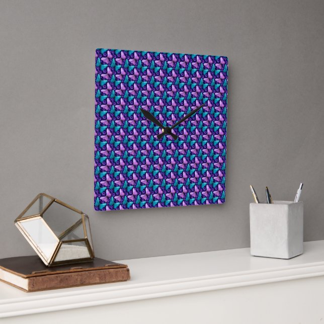 Purple and Teal Butterfly Pattern | Floral Seamles Square Wall Clock (Office)
